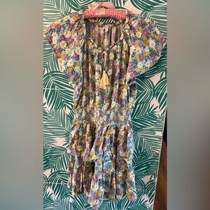 Patrons of Peace Floral Short sleeve drop waist tie neck tiered dress sz S